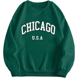 ⚡Women Dark Green Chicago Imported Graphic Crewneck Long Sleeve Sweatshirt